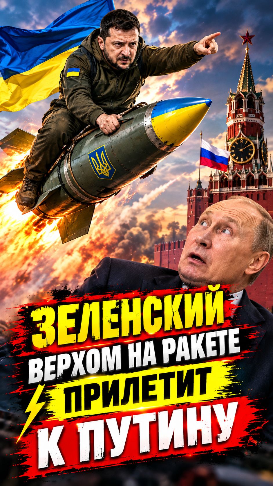 ЗЕЛЕНСКИЙ ВЕРХОМ НА РАКЕТЕ ПРИЛЕТИТ К ПУТИНУ