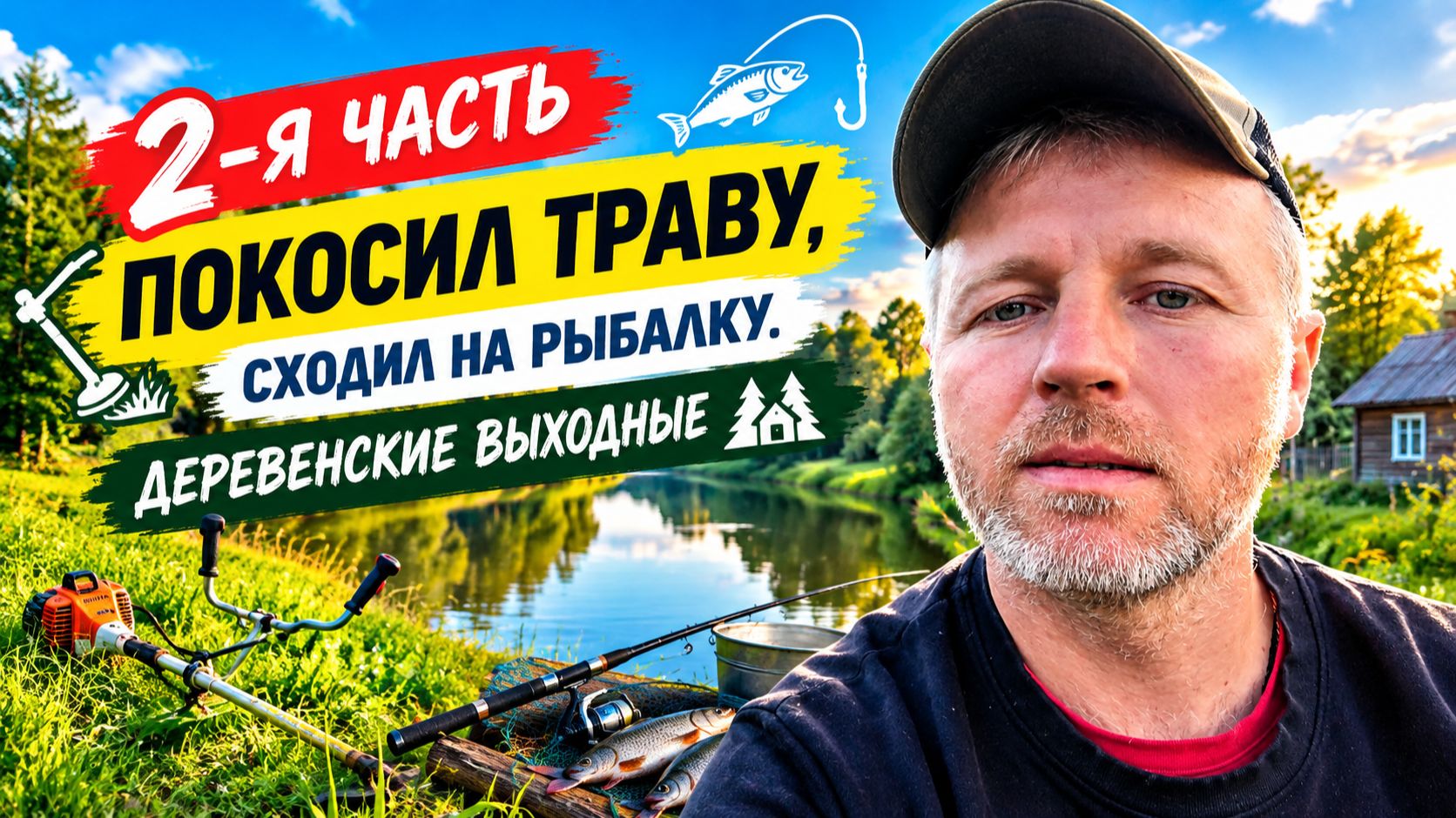2-я часть. Покосил траву, сходил на рыбалку. Деревенские выходные.