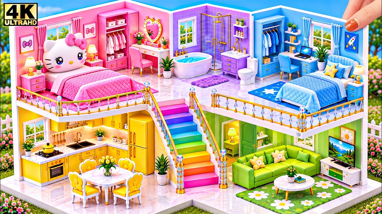 🎀🌈 Build 5-Color Hello Kitty House With 5 Creative Rooms & Rainbow Stairs ❤️ | DIY Miniature House