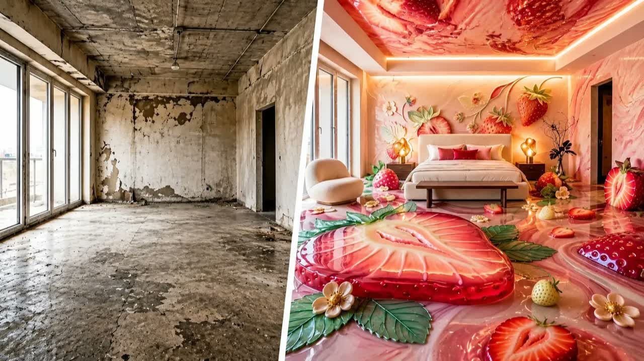 🍓 OLD ROOM Into A LUXURY Epoxy Bedroom | Satisfying ASMR Timelapse