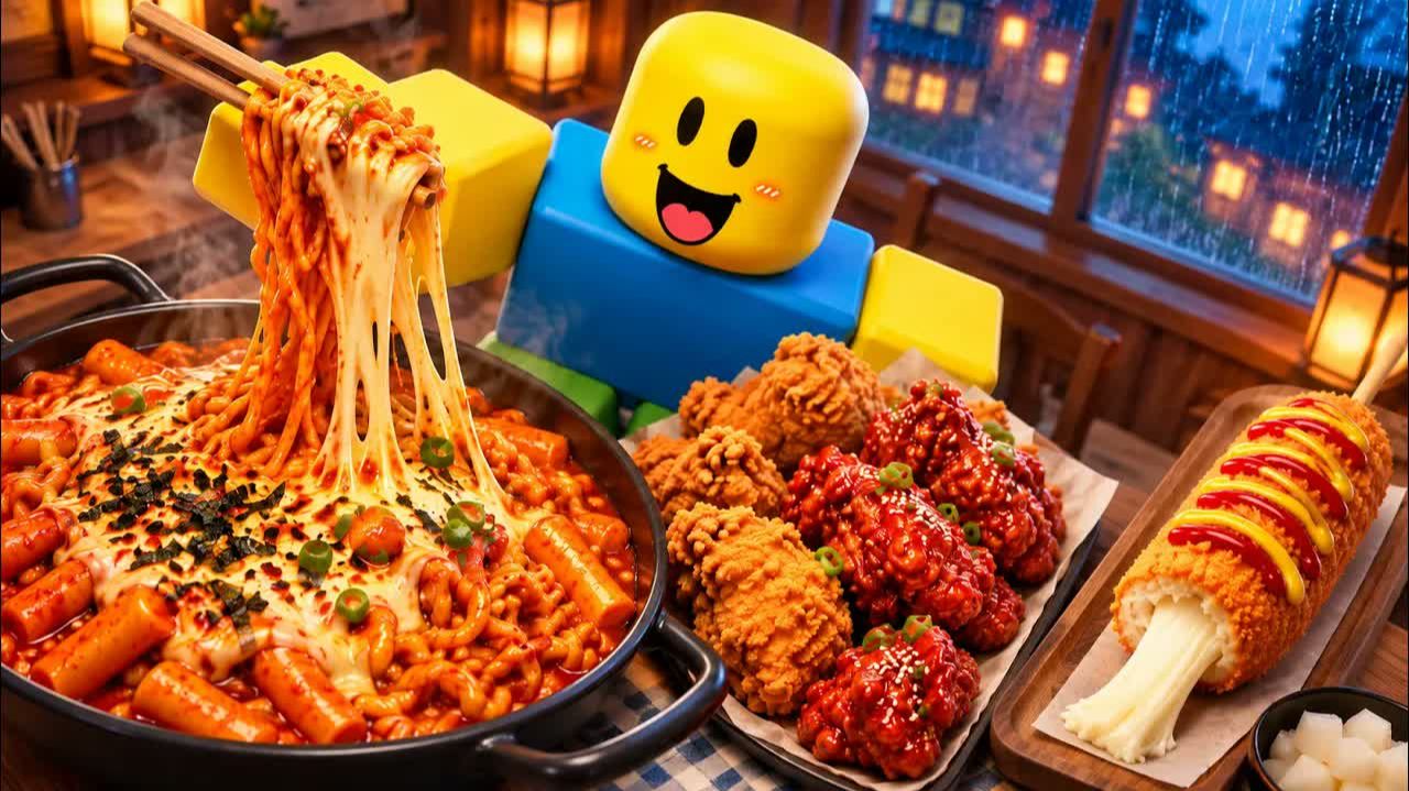 Роблокс АСМР 🍗 Нуб готовит хрустящую корейскую уличную еду — жареная курица и рамен Бульдак 🍜