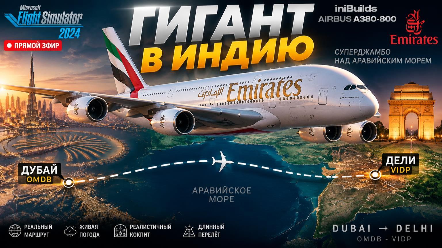 ✈️MSFS2024 | Дубай(OMDB) - Дели(VIDP) на Airbus A380-800 Emirates | Суперджамбо в Индию