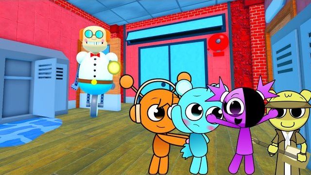 Малыши Спрунки Кики, Орен, Скай сбегают из школы бегут за Обби в ROBLOX Суперсемейка Спрунки