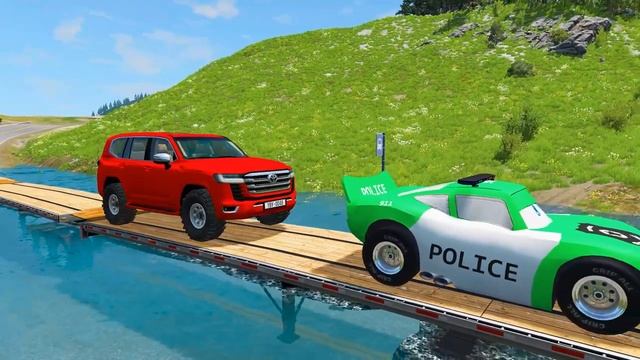 Triple Flatbed Trailer McQueen Transportation With Truck - Speedbumps Vs Cars Vs Train - BeamNG #