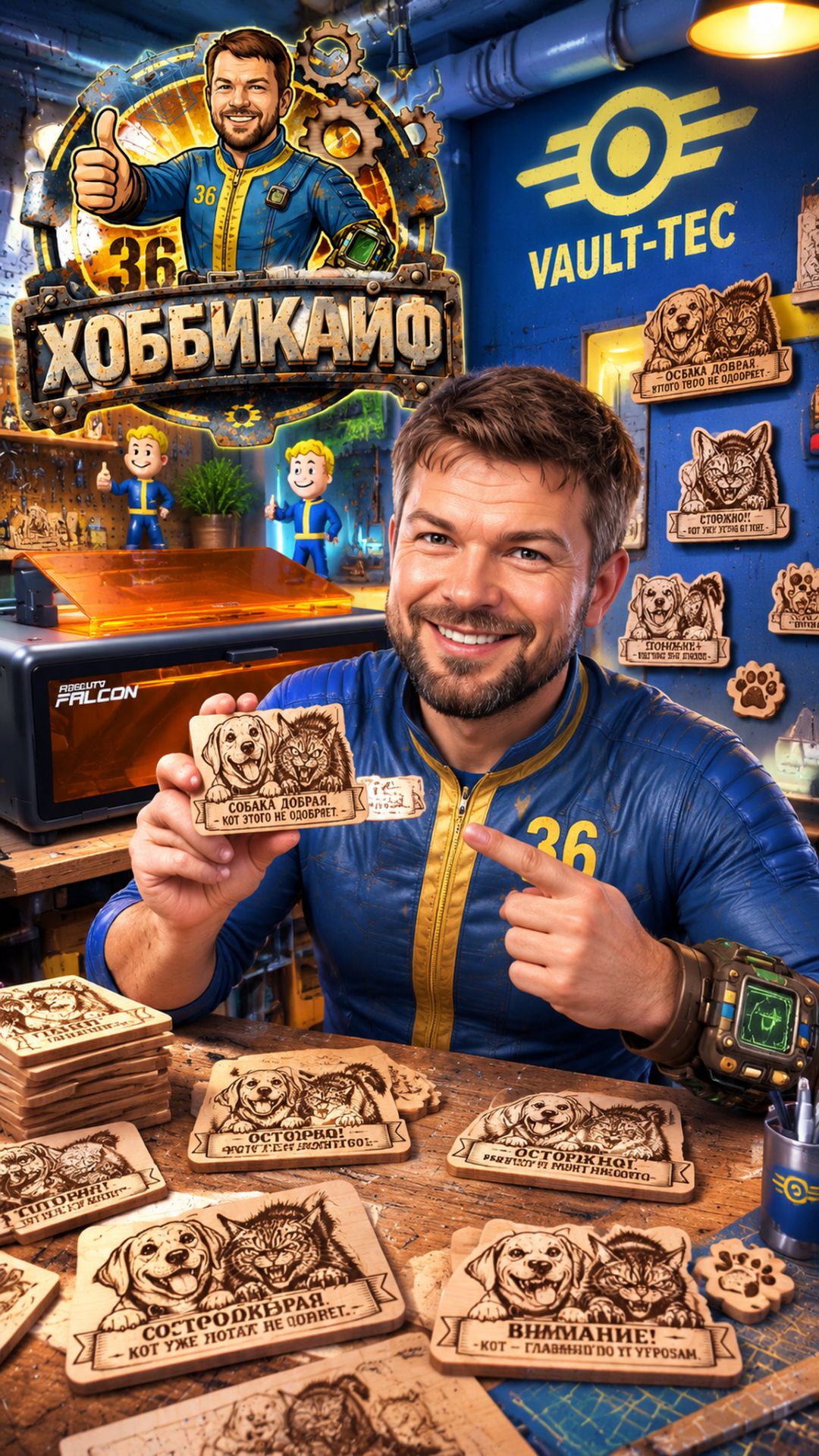 Осторожно, кот! Магниты с гравировкой и QR-кодом