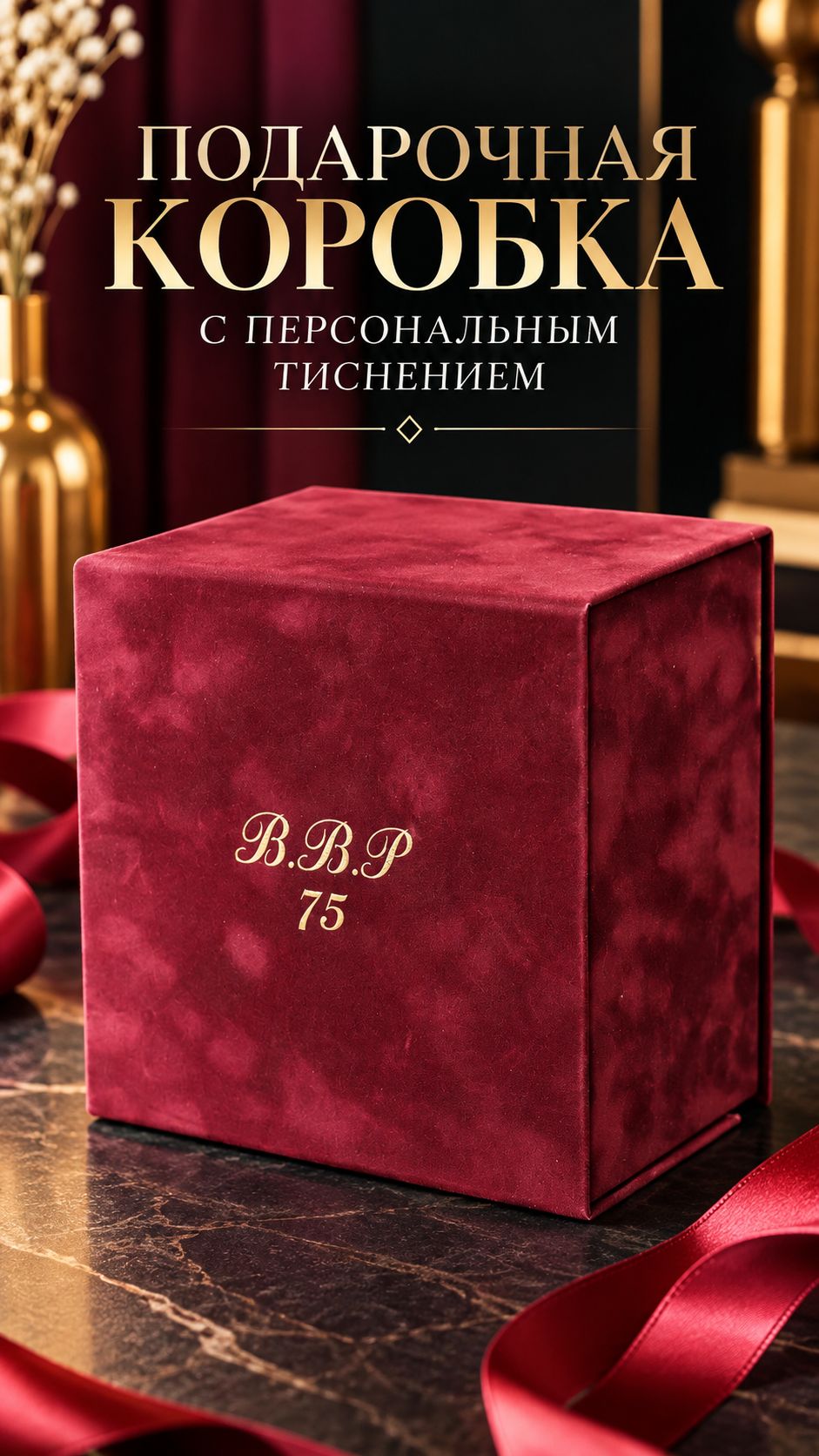  Бордовая бархатная коробка с персональным тиснением