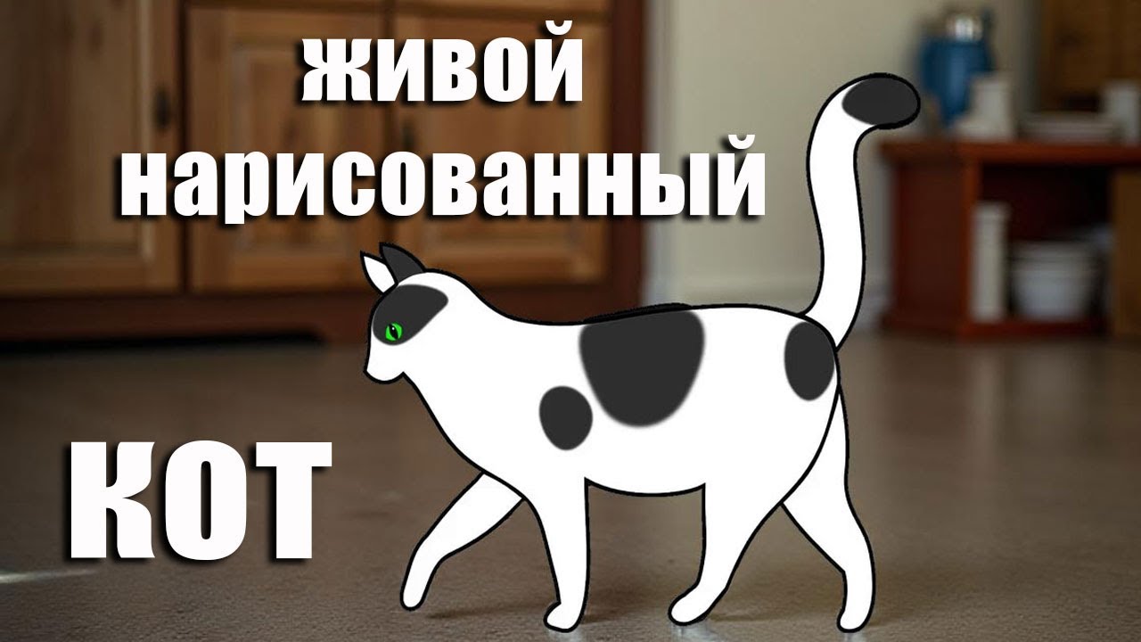 Нарисованный кот оживает и начинает двигаться 