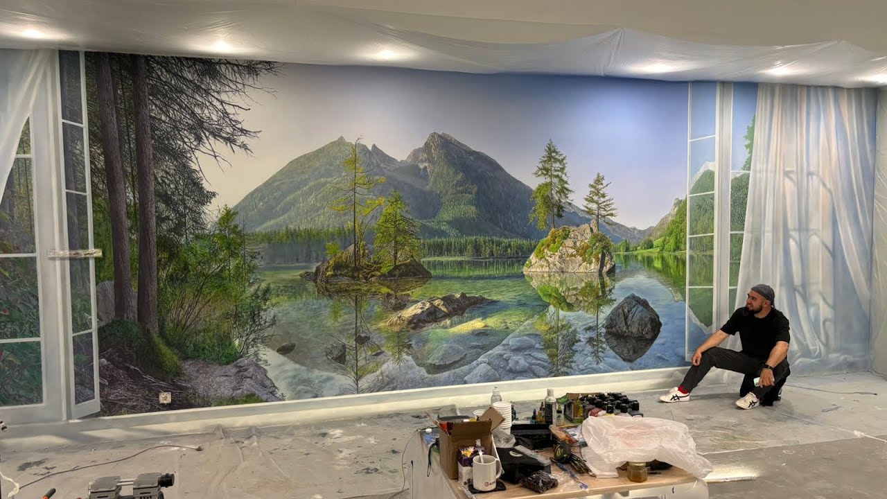 Аэрография на стене. Реалистичный пейзаж Озеро Хинтерзее. Процесс, Wall Painting, Airbrushing