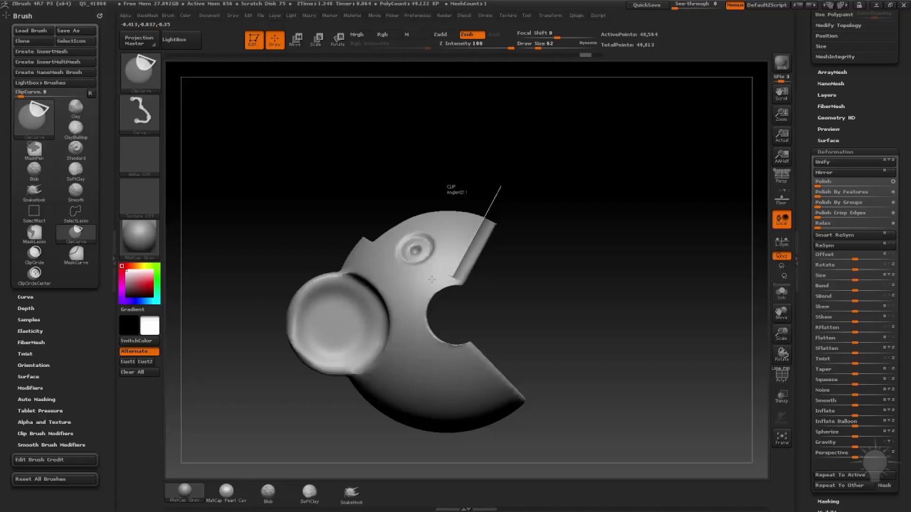 Введение в Zbrush : Модификаторы Clip урок 35