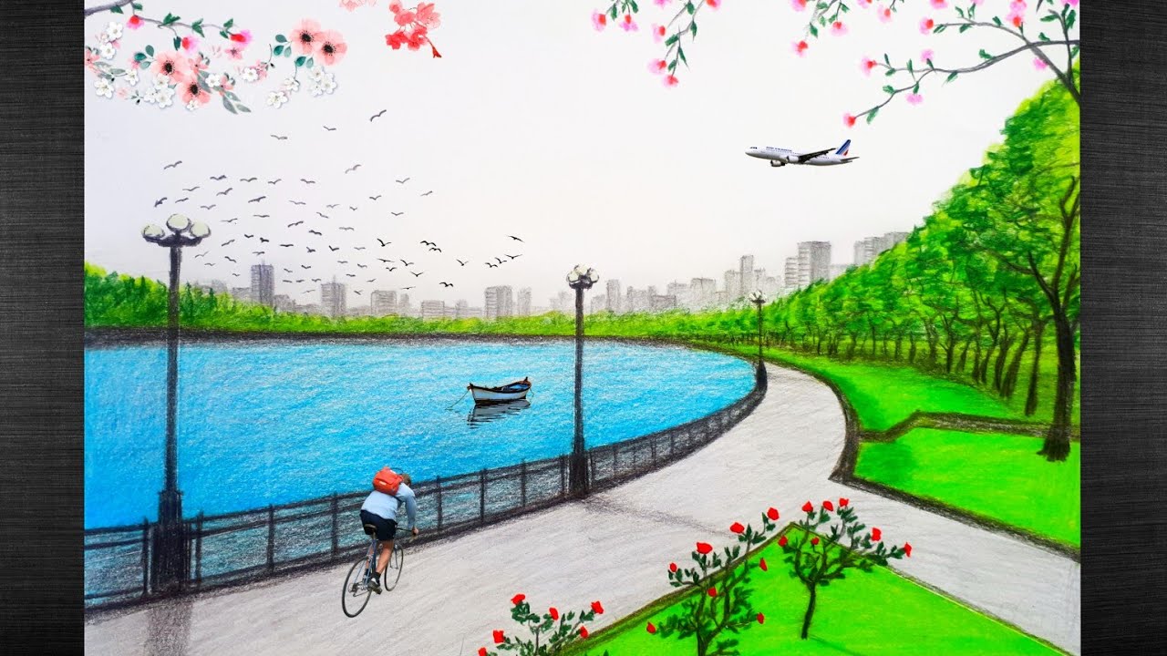 SPRING SEASON SCENERY DRAWING. Easy Step By St / BAHOR FASLI RASMINI CHIZISH. Bosqichma Bosqi