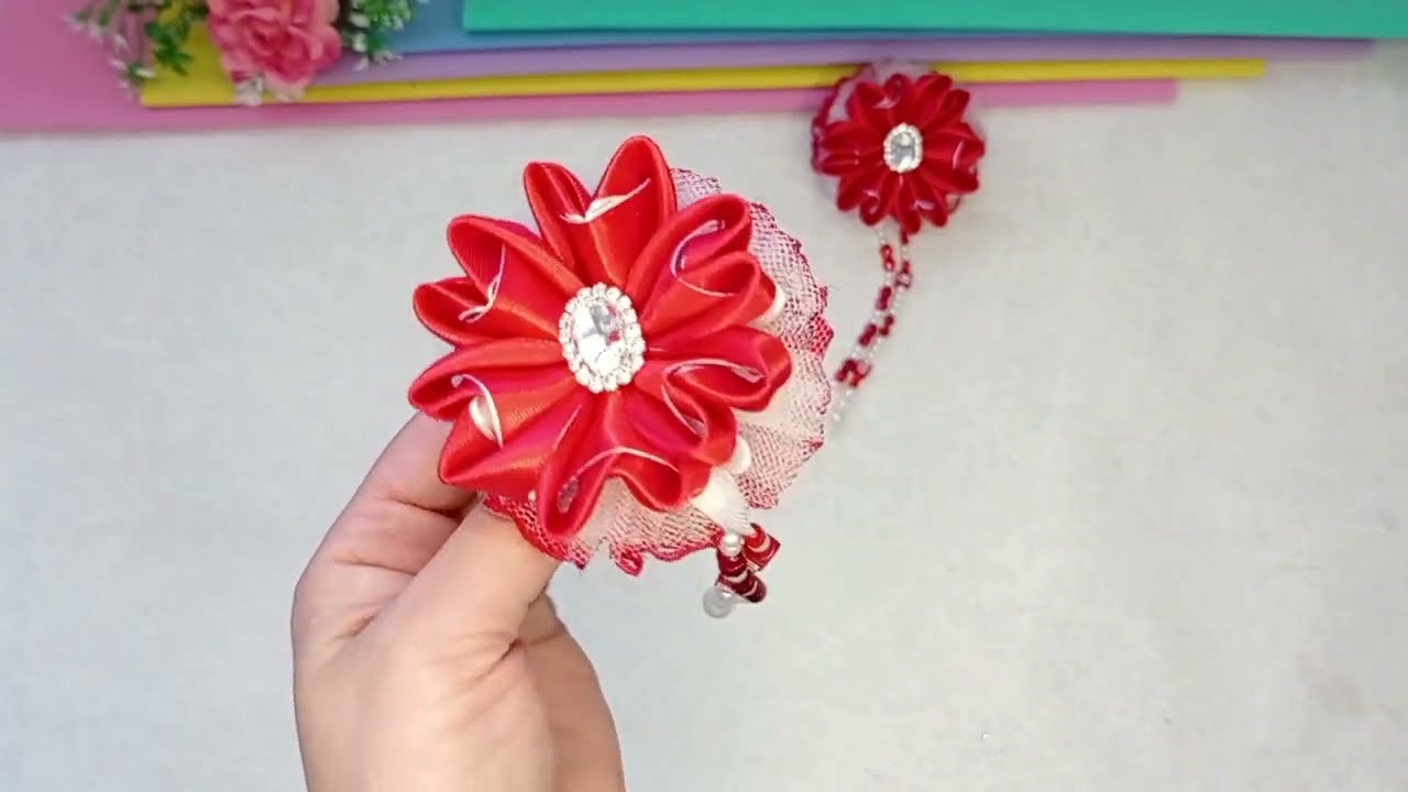DIY 🎀 Яркая, огненная красота!!! Бантики - сердечки из атласа