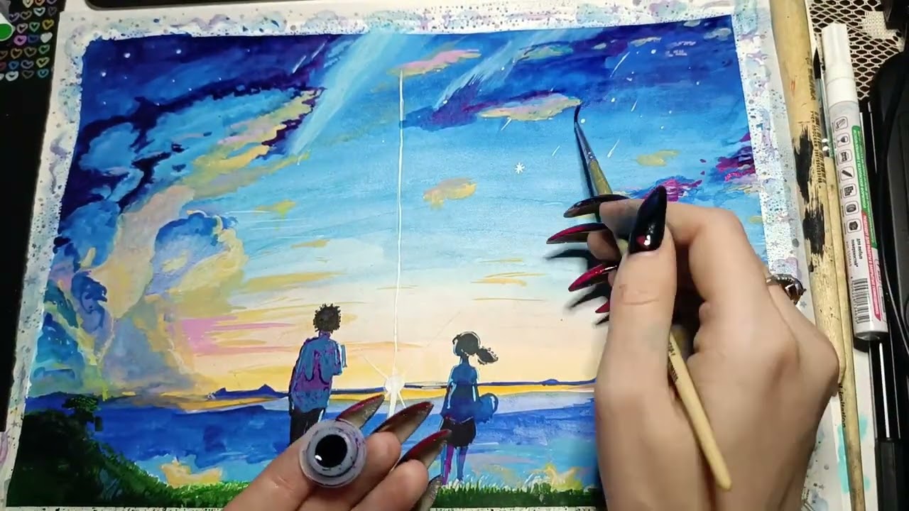 Рисую арт из аниме Твое имя ускоренное видео процесса