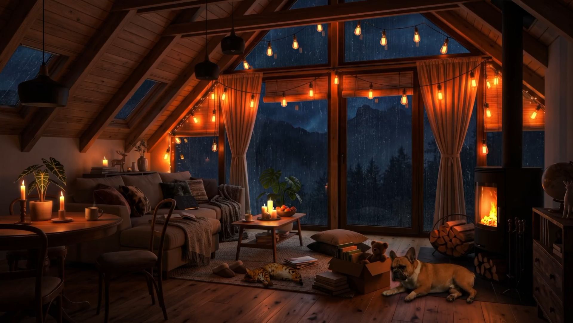 НОЧНОЙ ДОЖДЬ В УЮТНОМ ДОМЕ 🌙🌧️ КАМИН И ШУМ ДОЖДЯ ДЛЯ СНА
