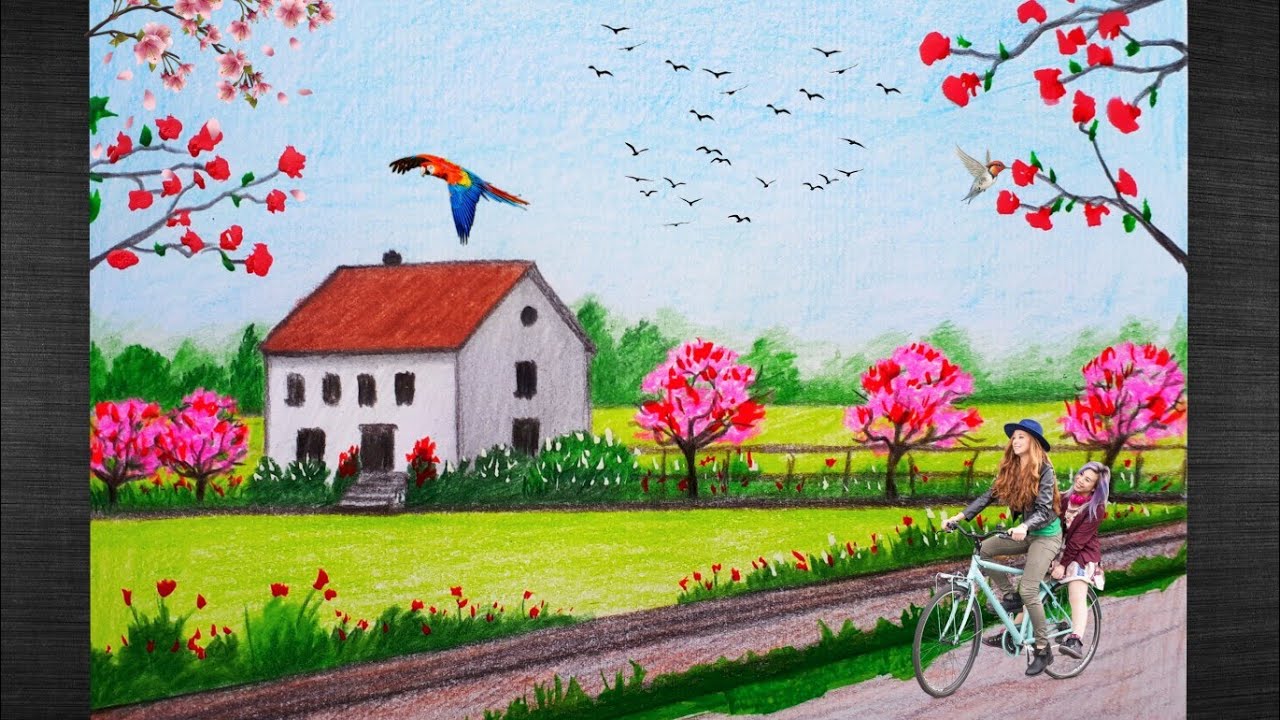 SPRING SCENERY DRAW. Easy Steps / BAHOR FASLI RASMINI CHIZISH. Bosqichma Bosqich