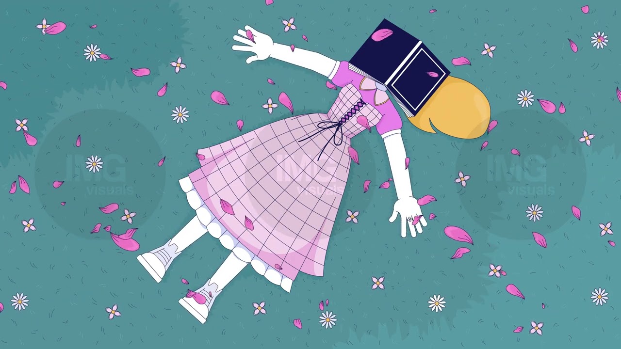 Lofi Girl Tired Reader Lying On Grassy Field Overhead Animation Cartoon Wallpaper
