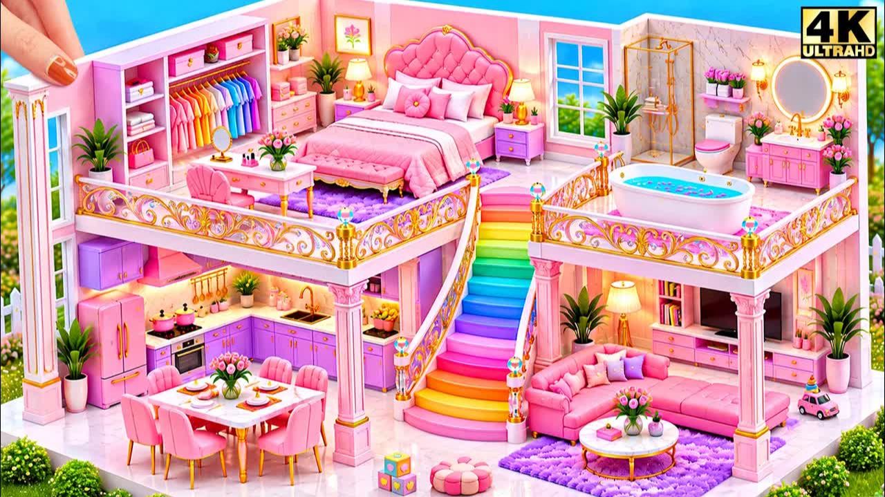 🌈 Я ПОСТРОИЛ РОЗОВЫЙ МИНИАТЮРНЫЙ ДОМ С РАДУЖНОЙ ЛЕСТНИЦЕЙ И РОСКОШНОЙ СПАЛЬНЕЙ ❤️ СДЕЛАЙ САМ
