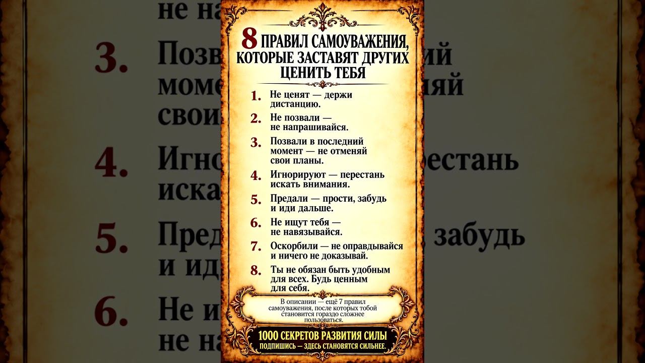 8 правил самоуважения которые заставят других ценить тебя!  #мотивация  #секретуспеха  #ценисебя