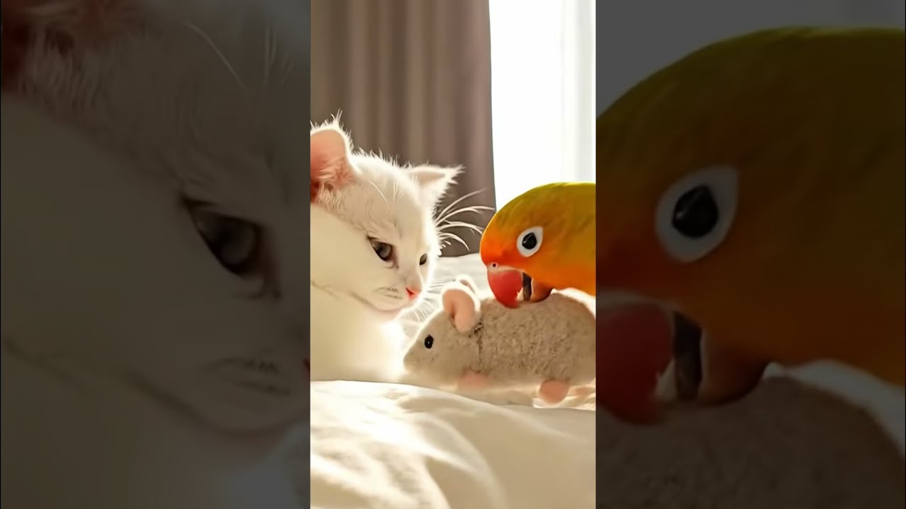 Кефир, просыпайся! Попугай будит сонного котёнка