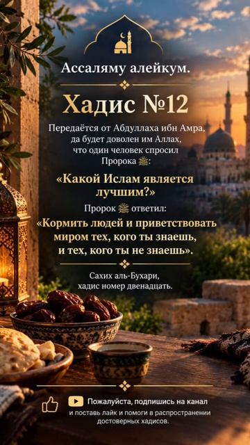Хадис №12.«Кормите людей и приветствуйте миром».#хадис #Бухари #shorts → 👤 #Islam_ →