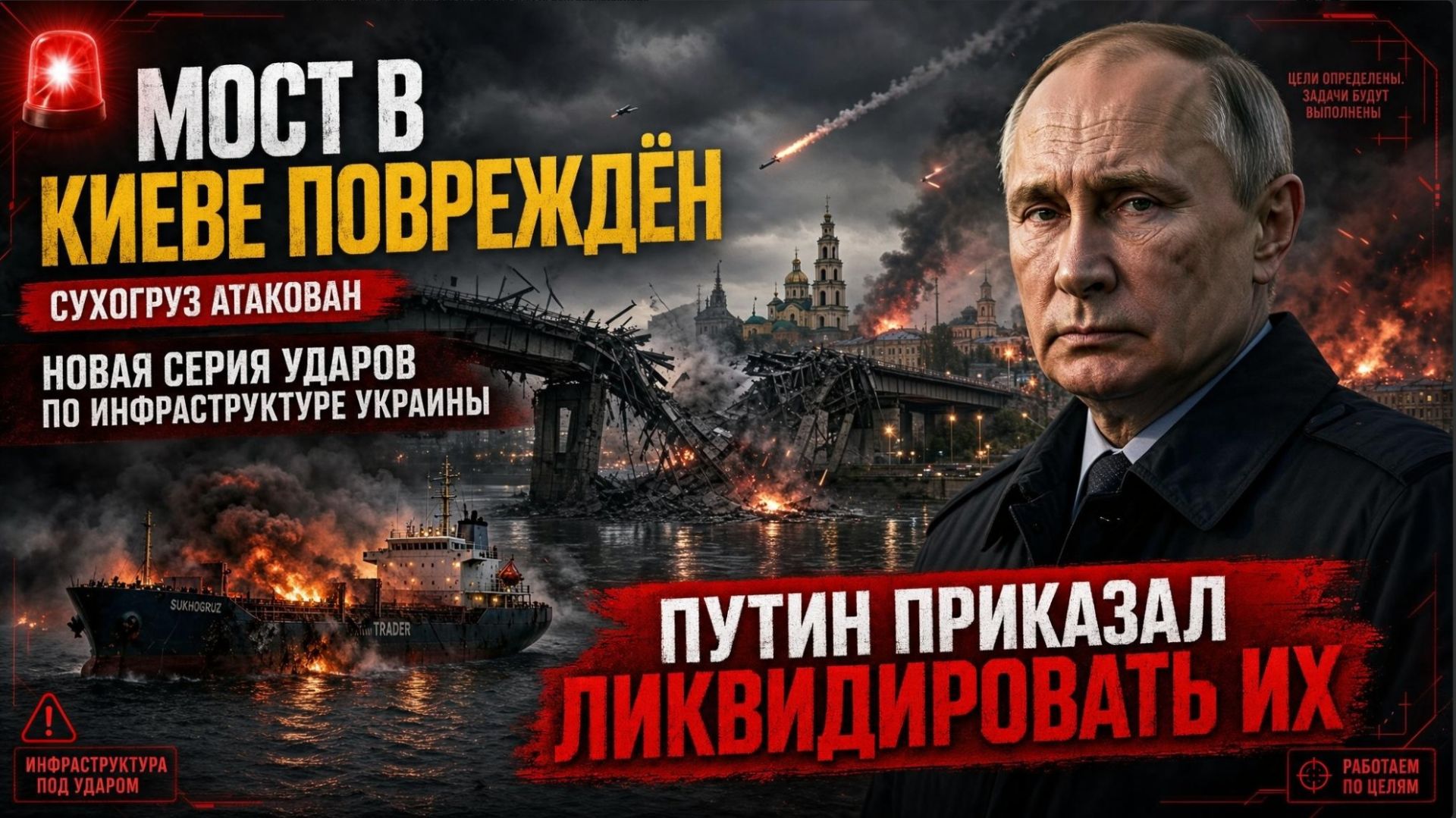 МОСТ В КИЕВЕ ПОВРЕЖДЁН, СУХОГРУЗ АТАКОВАН НОВАЯ СЕРИЯ УДАРОВ ПО ИНФРАСТРУКТУРЕ УКРАИНЫ