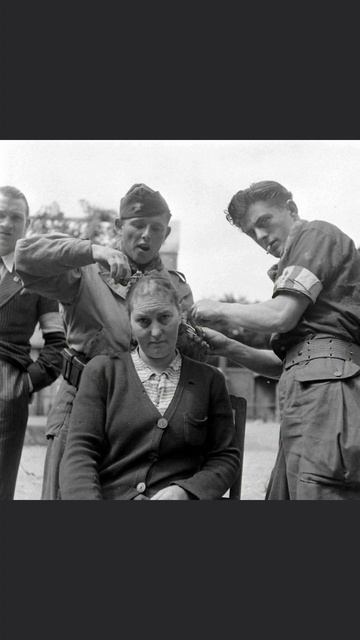 Июнь 1944 года, Франция. После освобождения Валоньи женщинам, обвинённым в коллаборационизме, брили