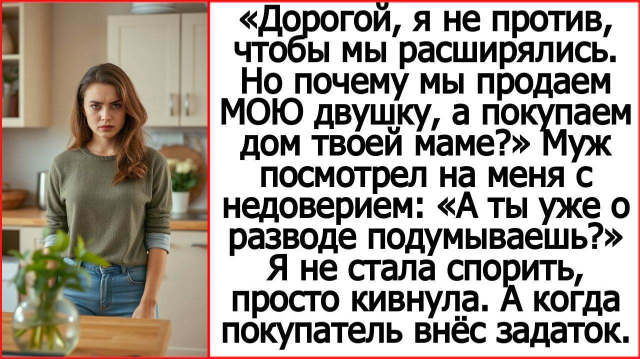 Я не против, чтобы мы расширялись. Но почему мы продаем МОЮ двушку, а покупаем дом твоей маме?