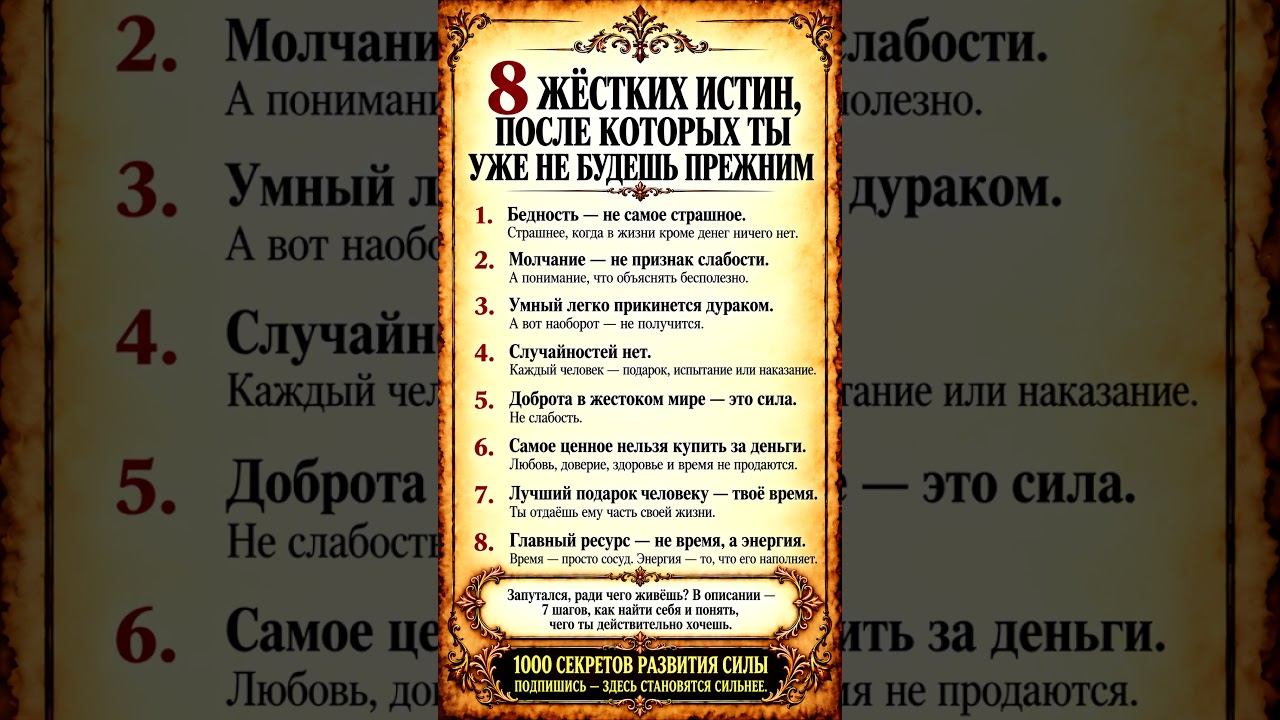 8 жёстких истин жизни!  #мотивация #секретуспеха #мудрость  #тайнажизни