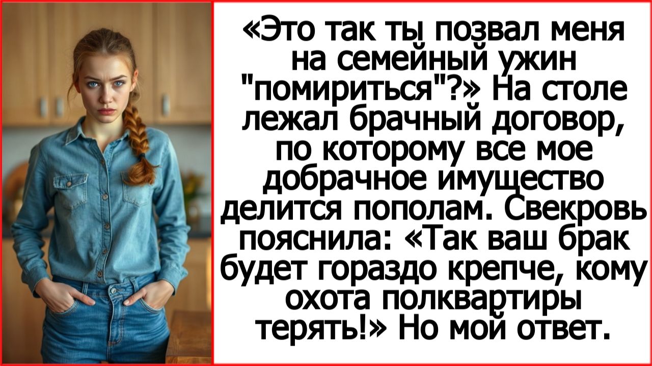 Это так ты меня помириться позвал? На столе лежал договор: моё добрачное имущество делится пополам.