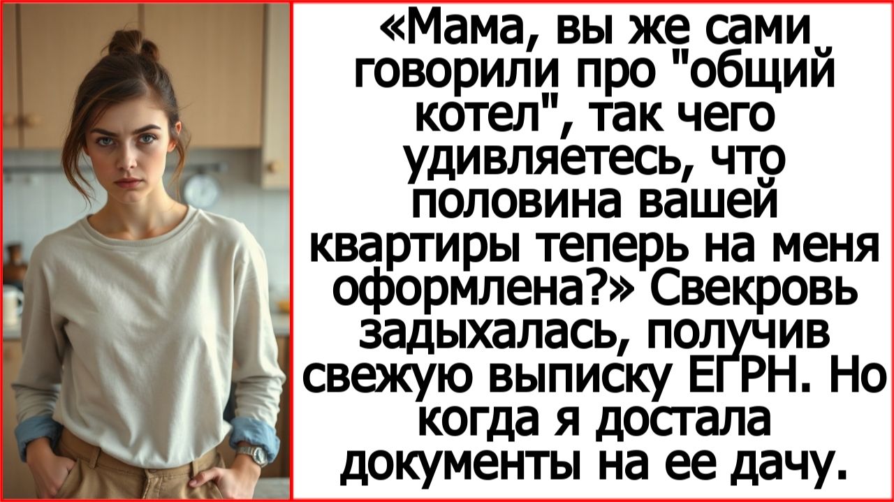 Свекровь, вы же сами про общий котёл говорили! Поэтому половина вашей квартиры теперь на меня оформл