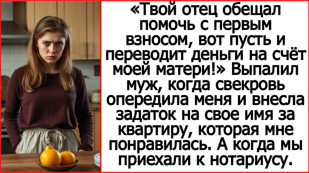 Дорогая, твой отец обещал помочь с первым взносом, вот пусть и переводит деньги на счёт моей матери!