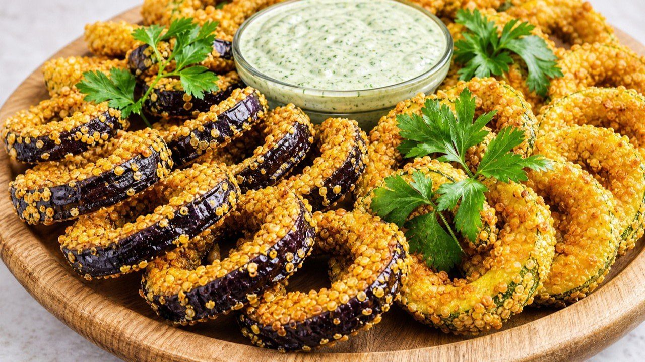 Хрустящие кольца из кабачков и баклажанов с кремовым соусом 🥒🍆🥣