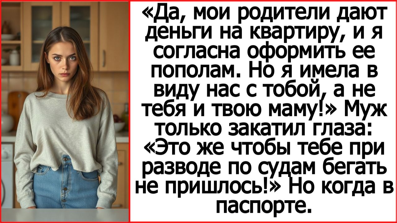 Родители дают на квартиру, согласна оформить пополам. Но на нас с тобой, а не на тебя и твою маму!