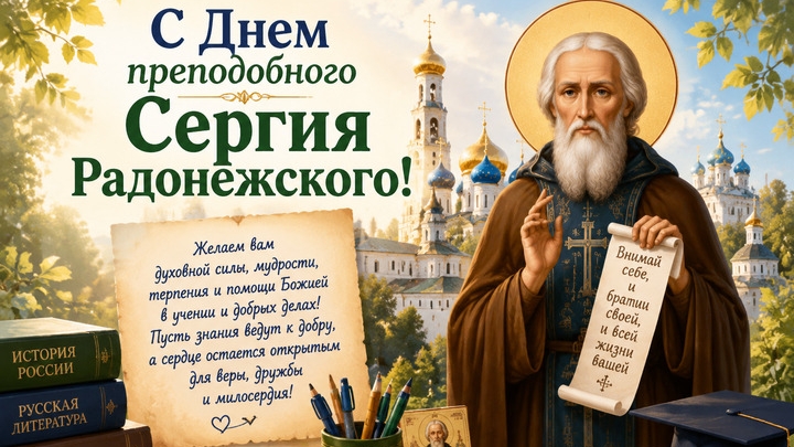 С днём памяти преподобного Сергия Радонежского. Красивая музыкальная открытка.