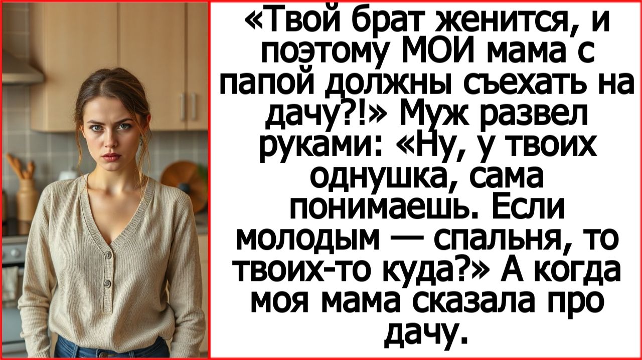 Твой брат женится, и поэтому МОИ мама с папой должны съехать на дачу?!