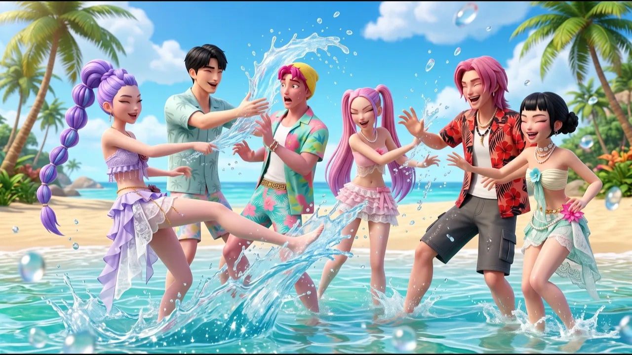 ☀ Huntrix и Saja Boys проведут идеальный совместный пляжный день! ☀️💖. K-Pop Demon Hunters
