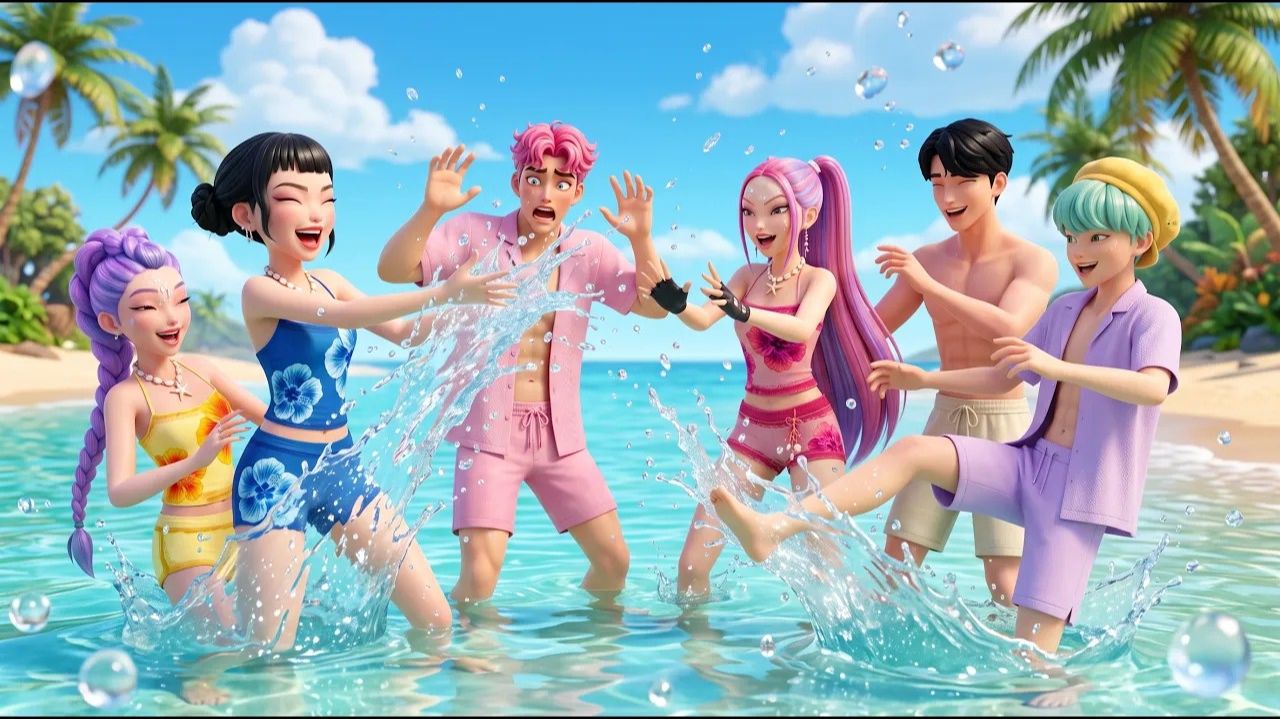 🌴 Без разрешения! Отличный выход Хантрикс и ее друзей на пляж! 🌊🔥. K-Pop Demon Hunters
