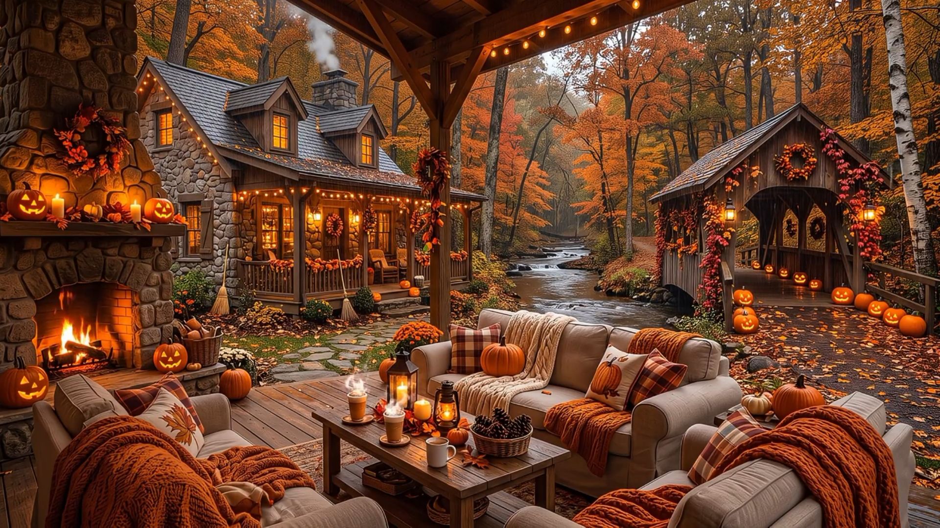 ОСЕННИЙ ДЖАЗ, ХЕЛЛУИН КАМИН 🎃🔥 УЮТНАЯ ВЕРАНДА И ДОЖДЬ ДЛЯ РАССЛАБЛЕНИЯ