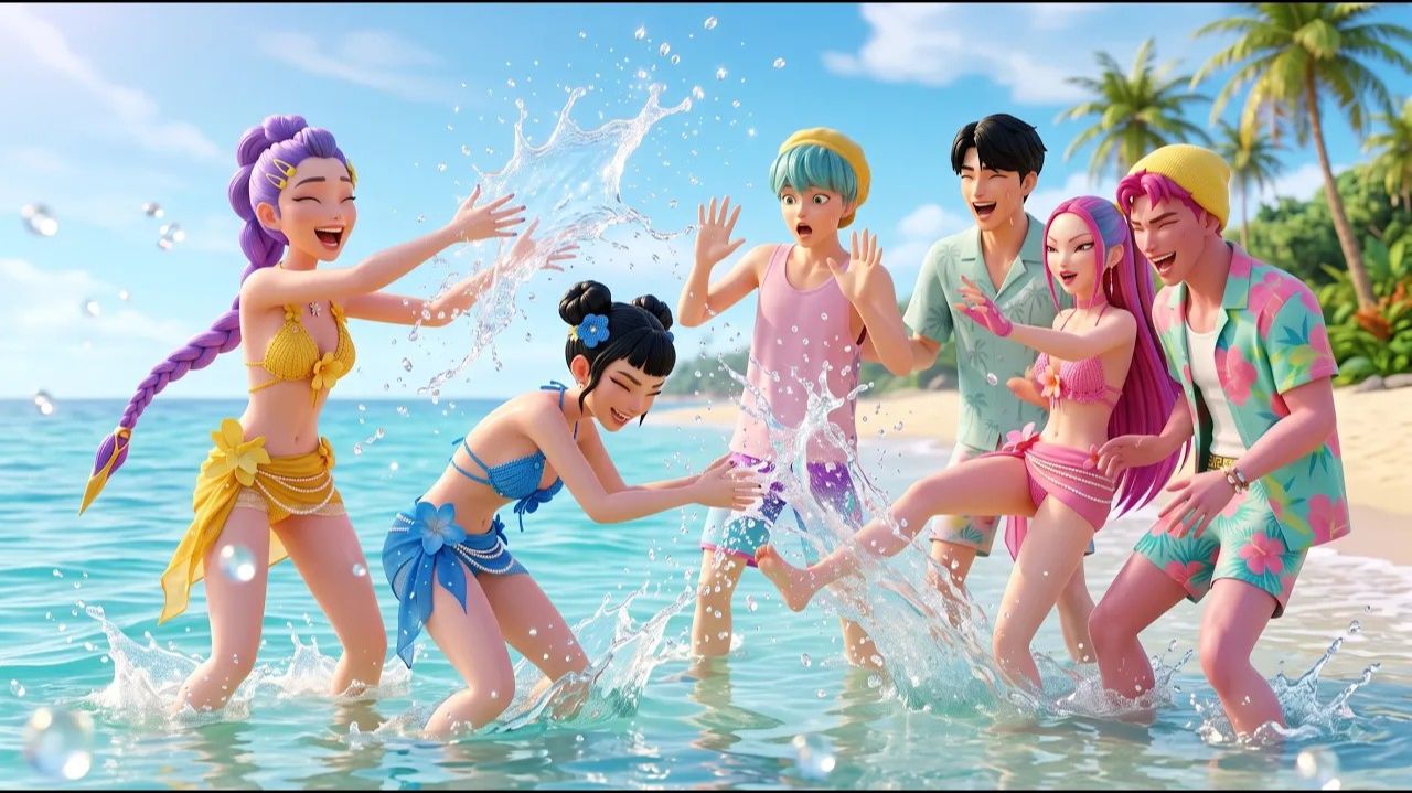 🌅 Идеальный пляжный день для мальчиков Huntrix и Saja от восхода до заката! 🌊💖. K-Pop Demon