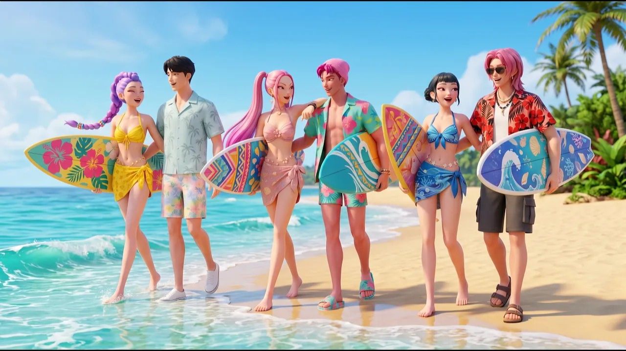 Хантрикс и Саджа Бойз вместе катались по волнам! 🌊✨. K-Pop Demon Hunters