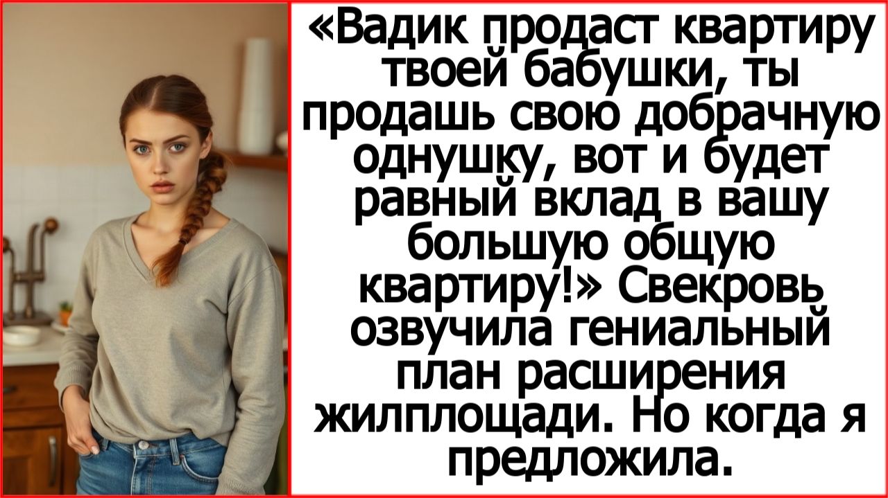 Вадик продаст квартиру твоей бабушки, ты — свою однушку! Будет равный вклад в вашу общую квартиру!