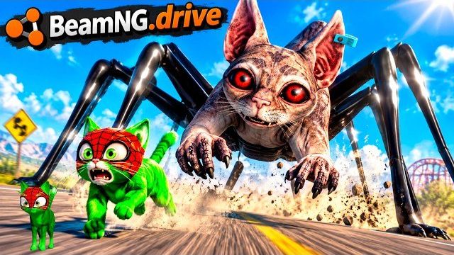 Огромный сумасшедший паук-кошка против маленькой кошки | Beamng.Drive