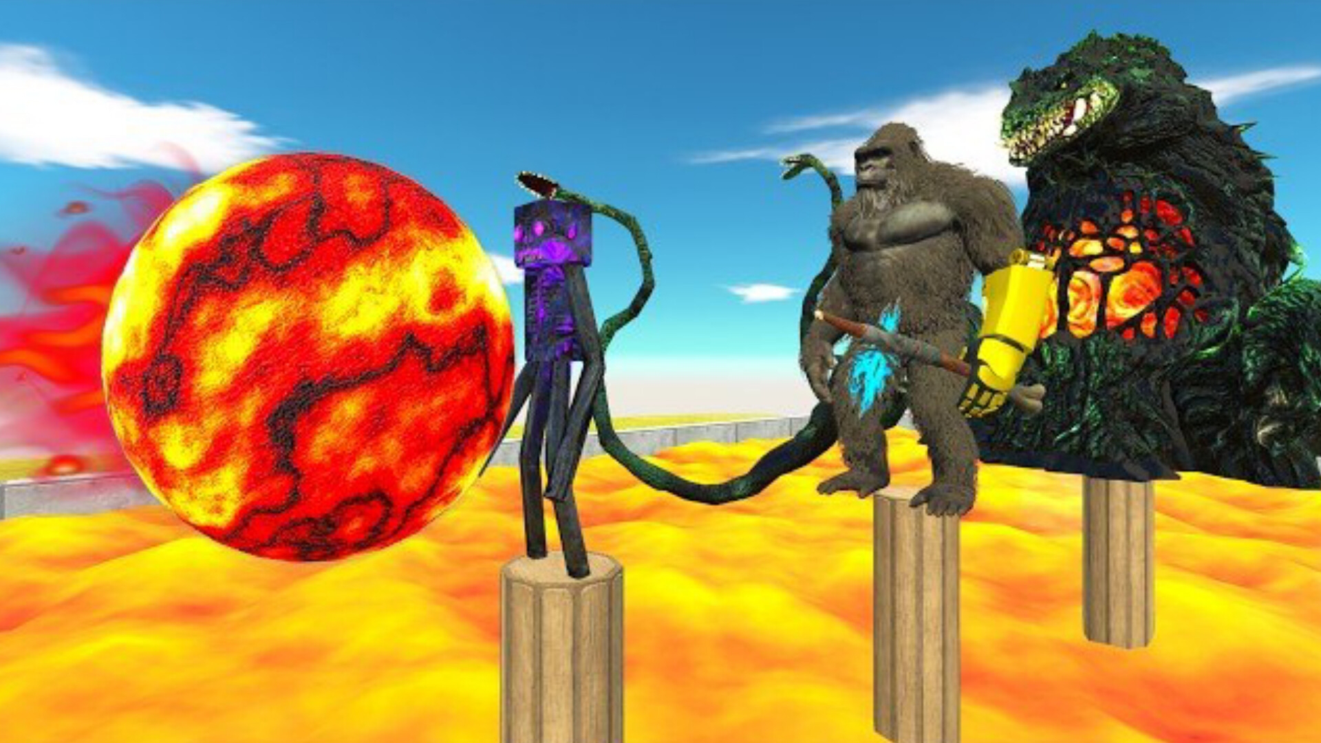 Монстры против огненного шара в лаву - Animal Revolt Battle Simulator