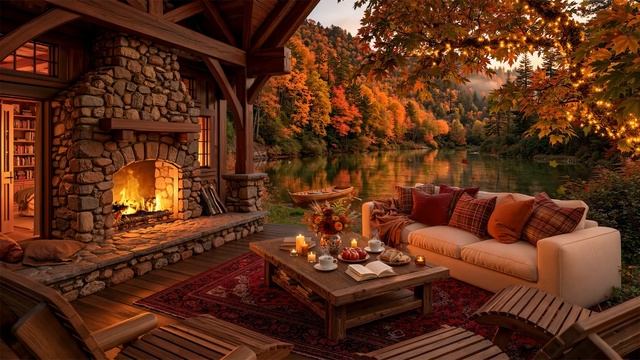 ОСЕННИЙ ДЖАЗ У РЕКИ И КАМИНА 🍂🔥 ЗВУКИ ПТИЦ И УЮТНАЯ ВЕРАНДА ДЛЯ ОТДЫХА