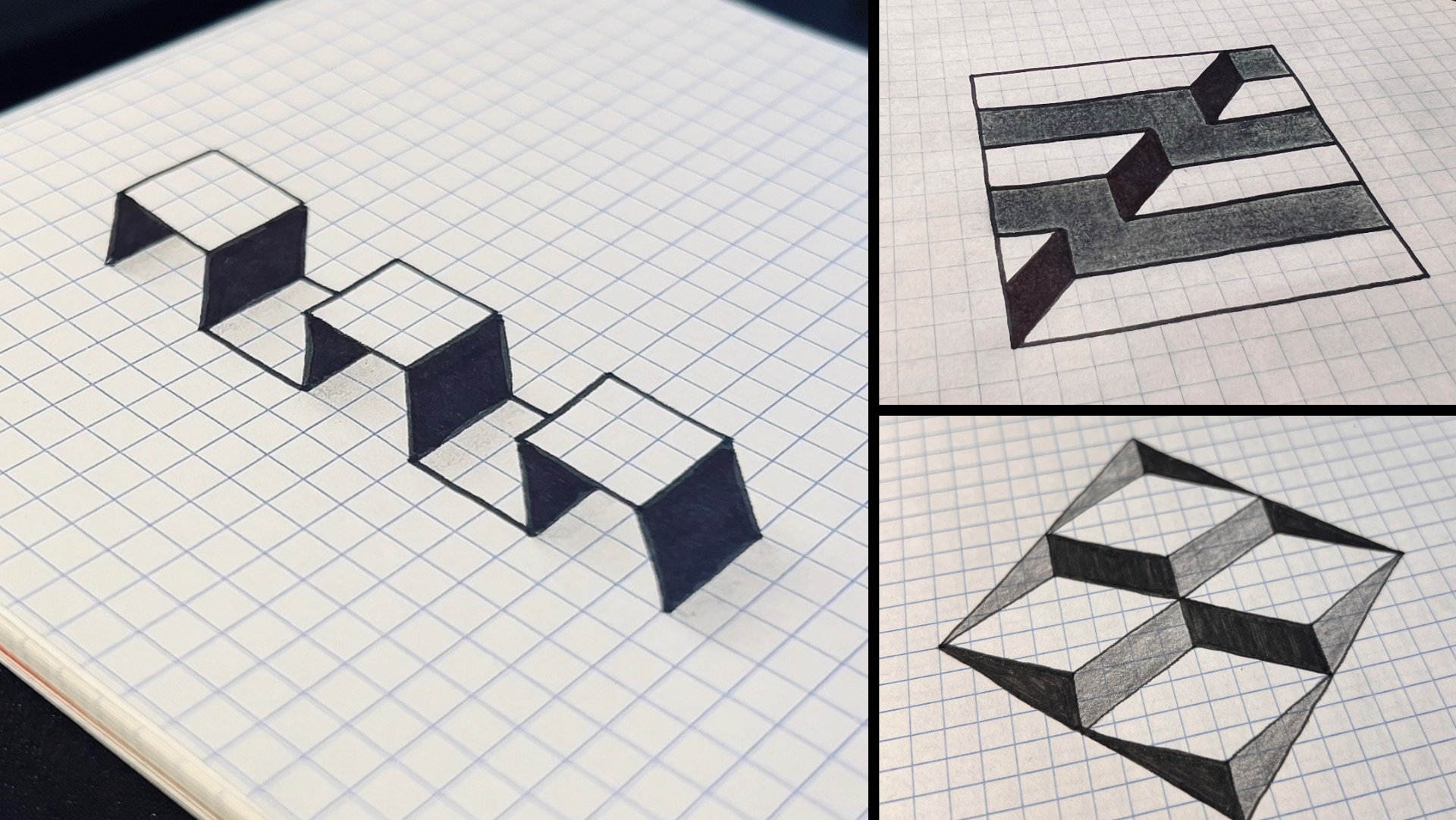 3D рисунки на бумаге в клетку