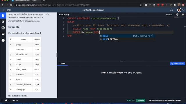 "Contest Leaderboard" - Codesignal #08 - MySQL Solution смотреть онлайн