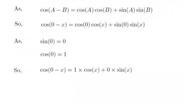 cos(-x) | cos(-A) | cos(-theta) | Identity for cos(-x) | value of cos(-A)