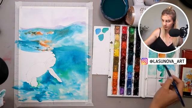 Как нарисовать море акварелью? Морской пейзаж, волны и черепашка. смотреть онлайн