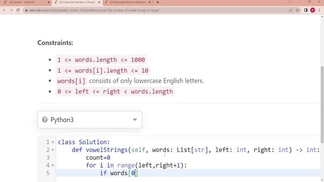 Leetcode Weekly Contest 336 | 6315. Count the Number of Vowel Strings in Range | Python смотреть онлайн