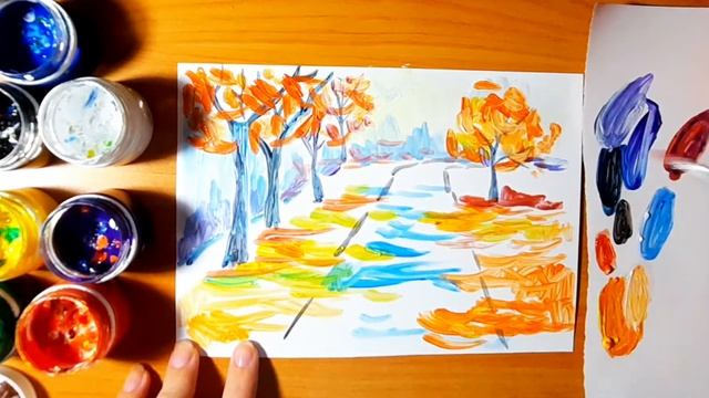 Осенний пейзаж. Как рисовать. Акрил. Осень. смотреть онлайн
