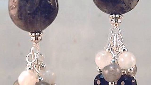 Larvikite, Moonstone, Labradorite, Black Onyx & Silver Cluster Earrings смотреть онлайн